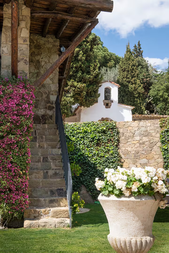 Escala de pedra amb heura i l'ermita al fons